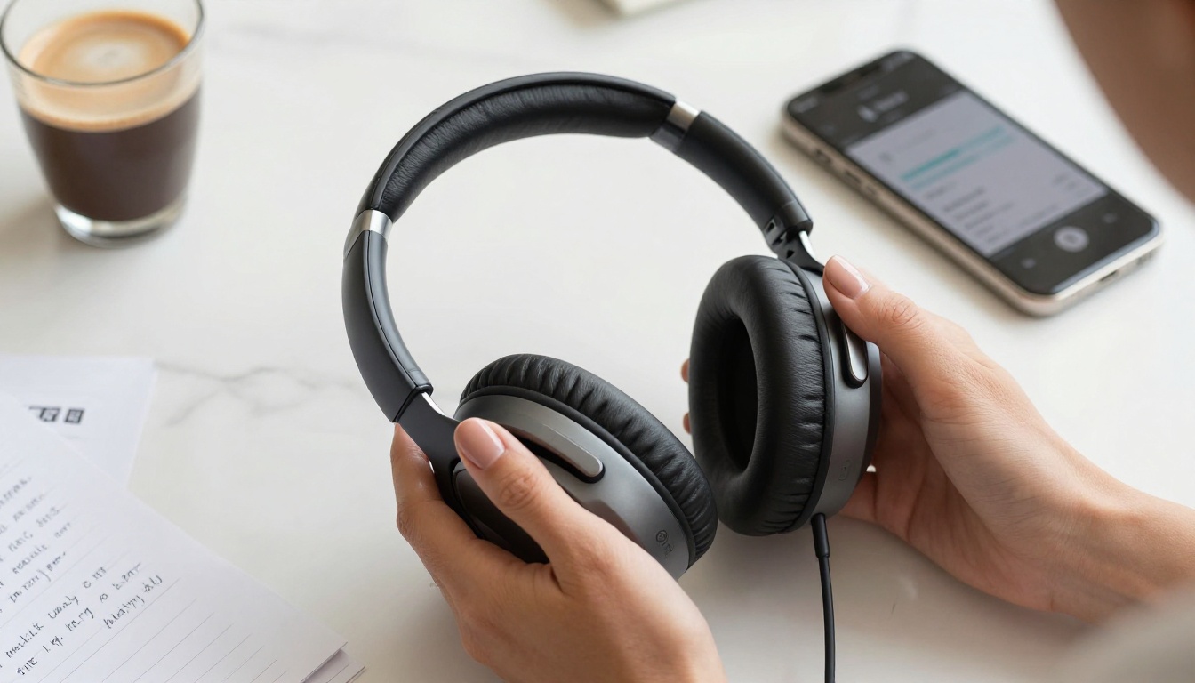 Overhead close-up of studio headphones on white marble with handwritten notes, espresso, and AI interface visible on a smartphone
