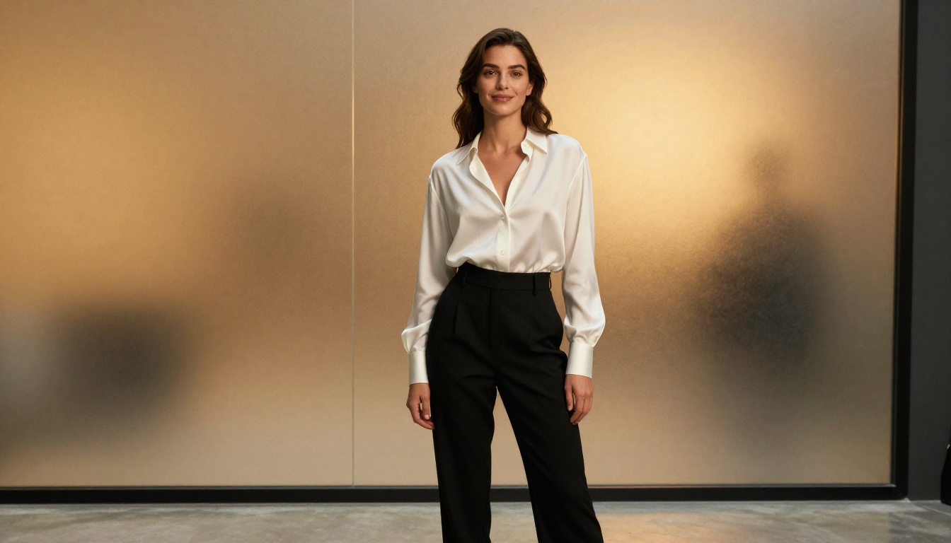 Confident brunette woman in editorial studio setting, white silk blouse, direct gaze, backlit by frosted glass panel
