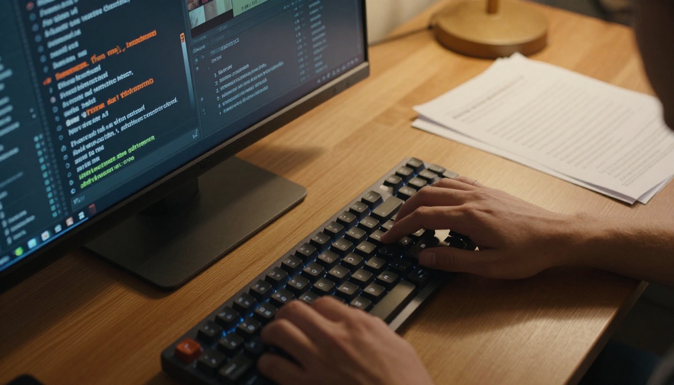 AI video creator testing prompts at desk AI video creator testing prompts at desk