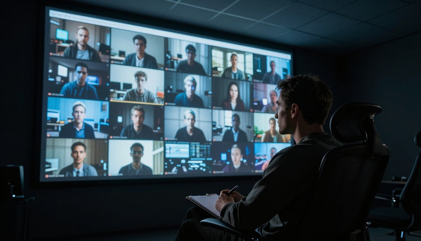 Filmmaker reviewing AI video comparison in screening room Filmmaker reviewing AI video comparison in screening room