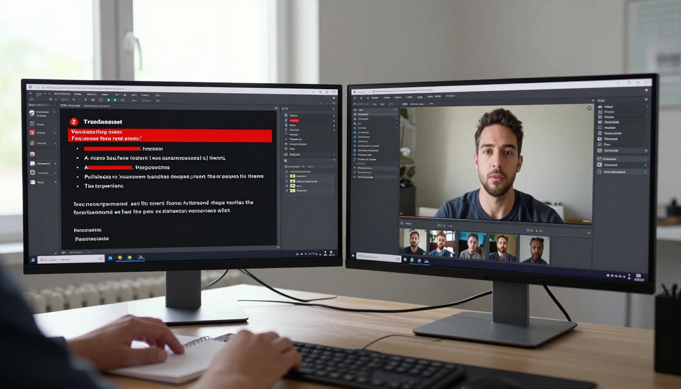 Dual monitor setup comparing blocked vs successful AI video prompts Dual monitor setup comparing blocked vs successful AI video prompts