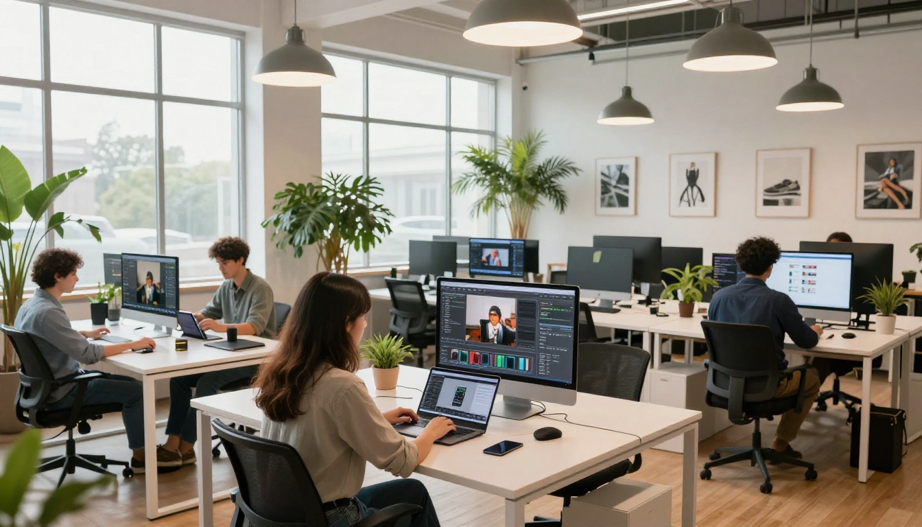 Team of creators comparing AI video outputs in bright office Team of creators comparing AI video outputs in bright office