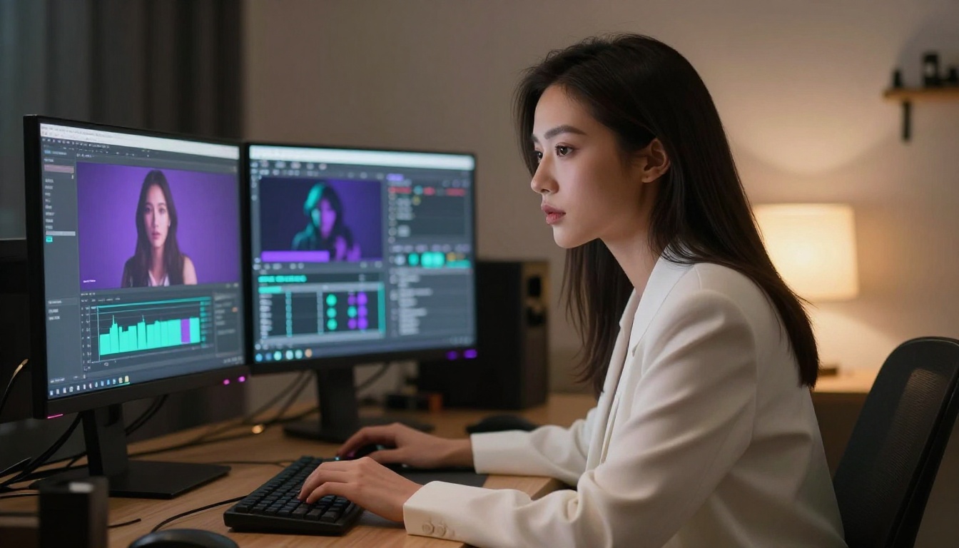 AI content creator at dual-monitor workstation