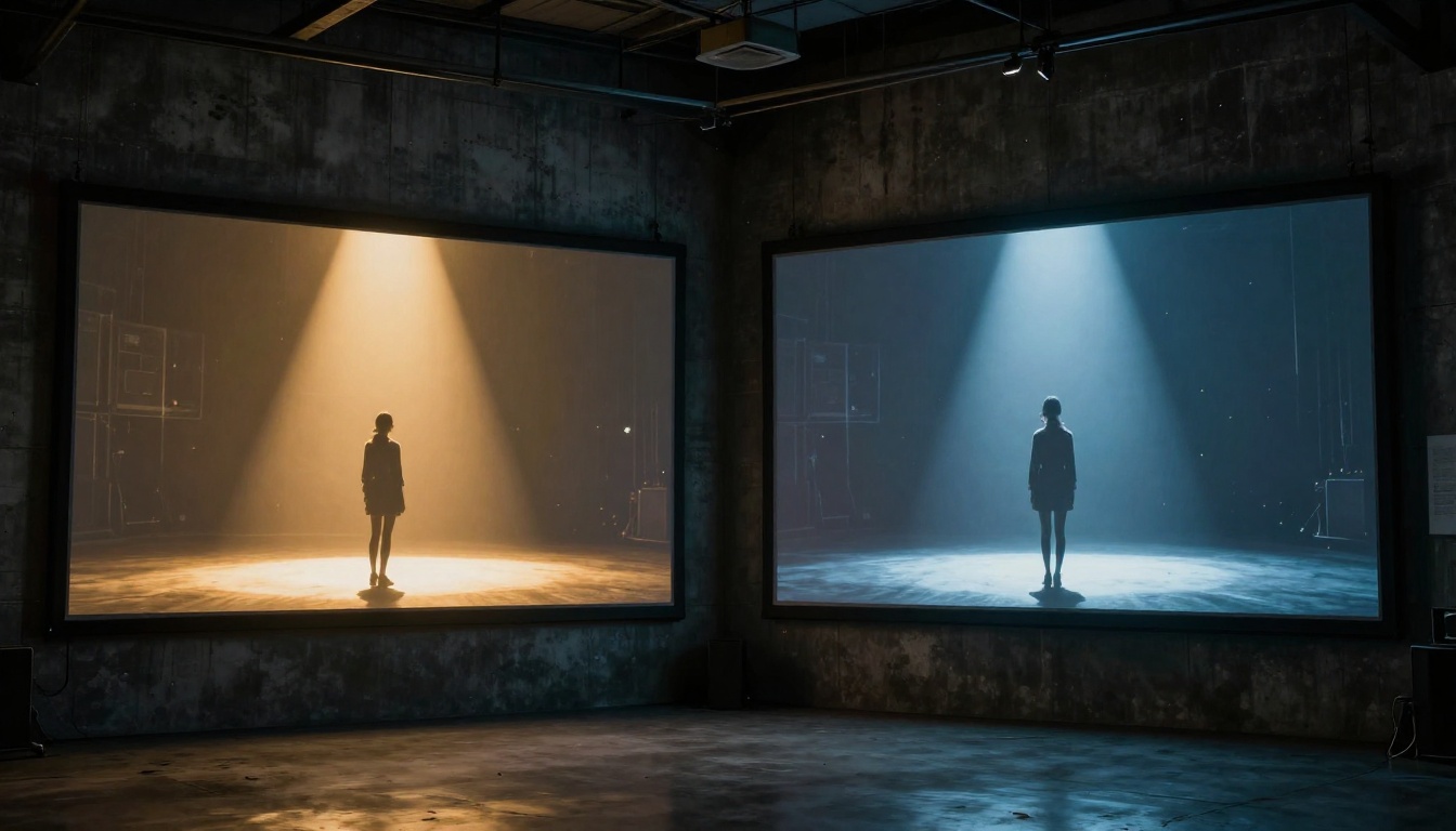 Two AI video comparison screens in industrial loft studio