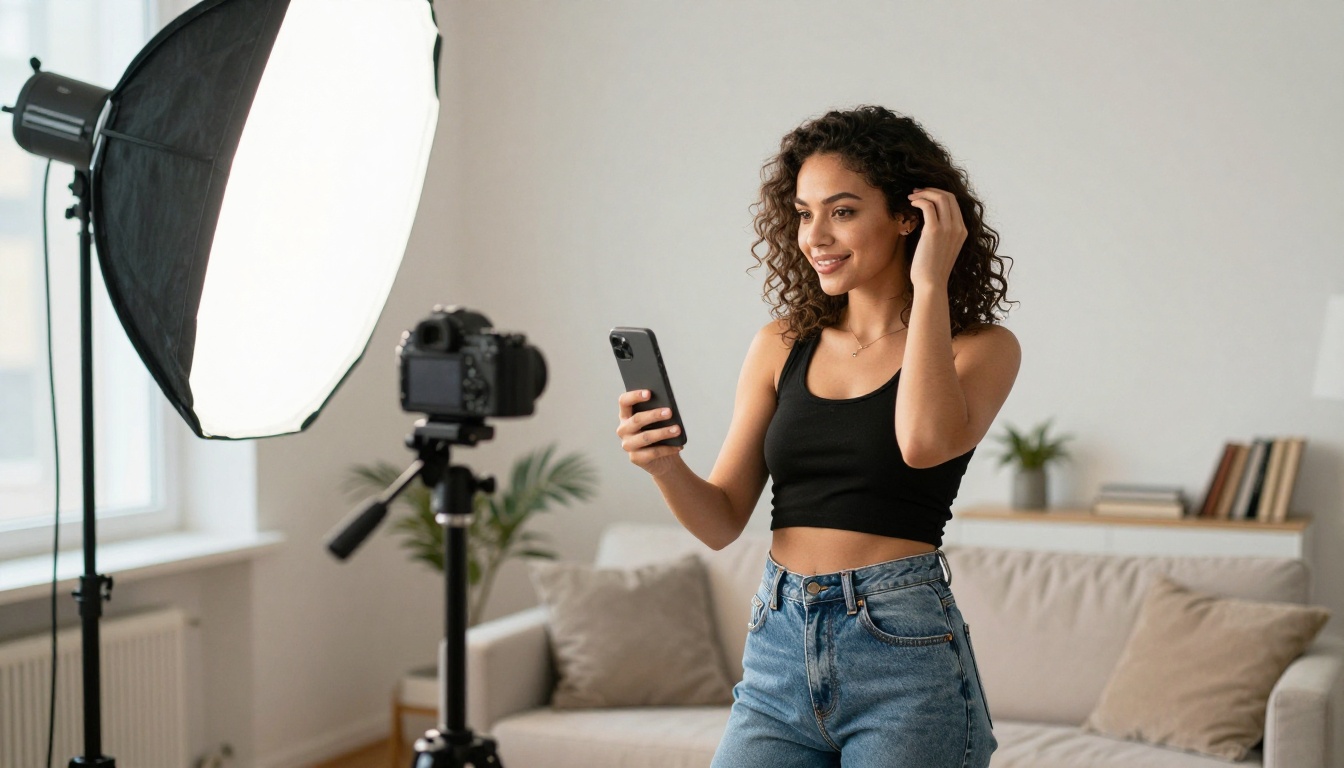 Female content creator filming herself in bright home studio