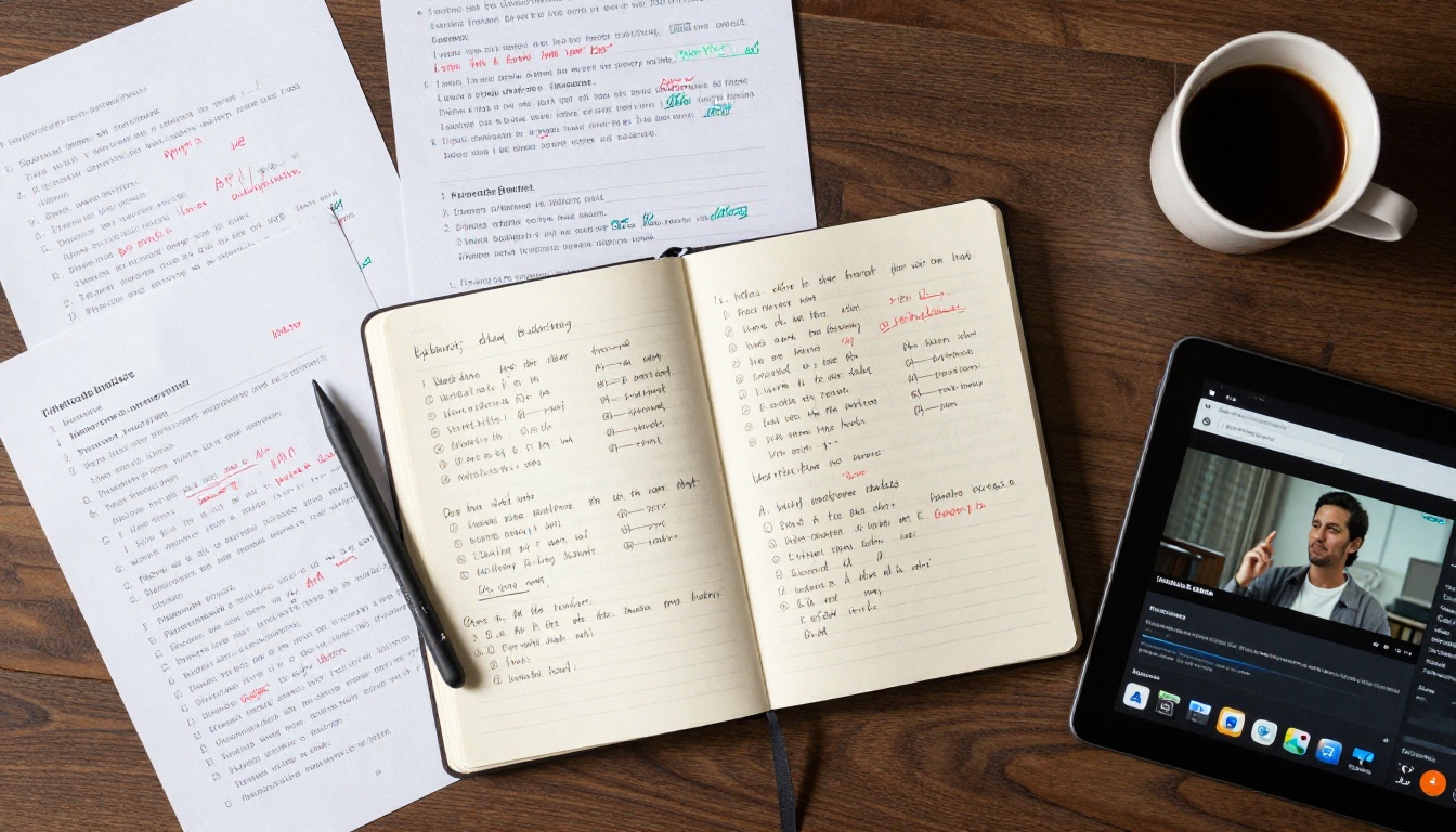 Creator's desk with annotated prompt test sheets flat-lay Creator's desk with annotated prompt test sheets flat-lay