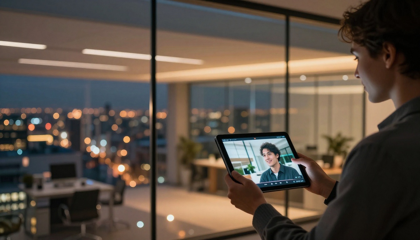 Creator holding tablet showing AI video result at dusk office Creator holding tablet showing AI video result at dusk office