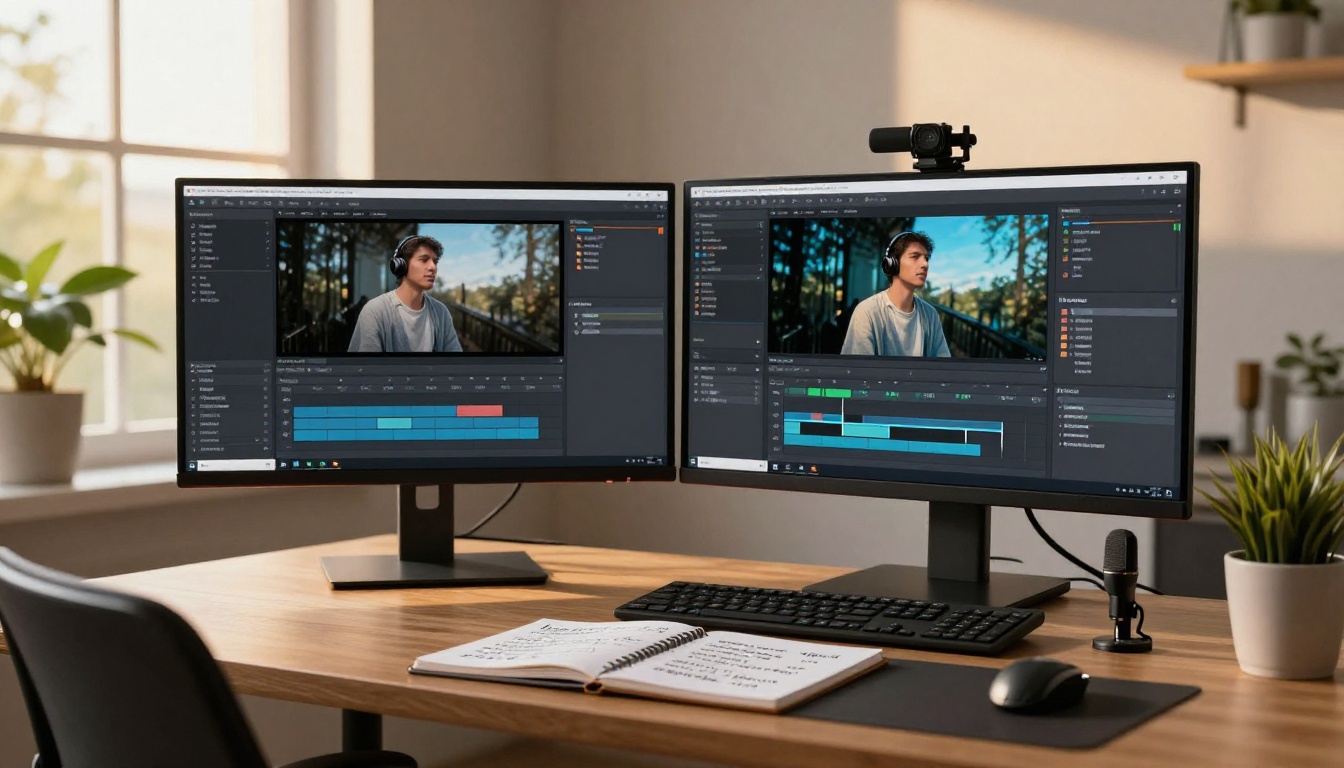 Content creator workspace with dual monitors and ring light