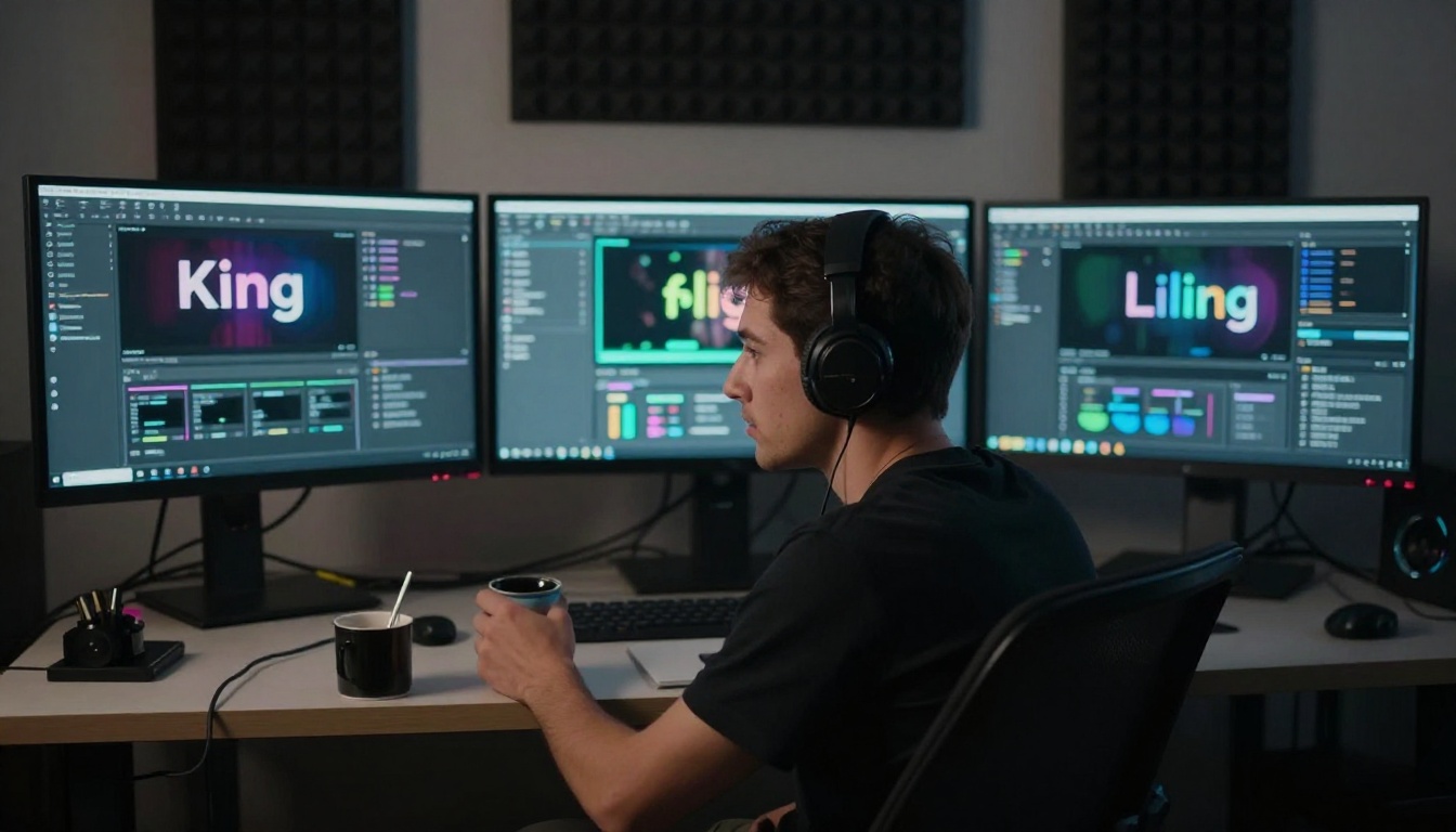 Solo creator in dark studio surrounded by multiple AI video platform monitors Solo creator in dark studio surrounded by multiple AI video platform monitors