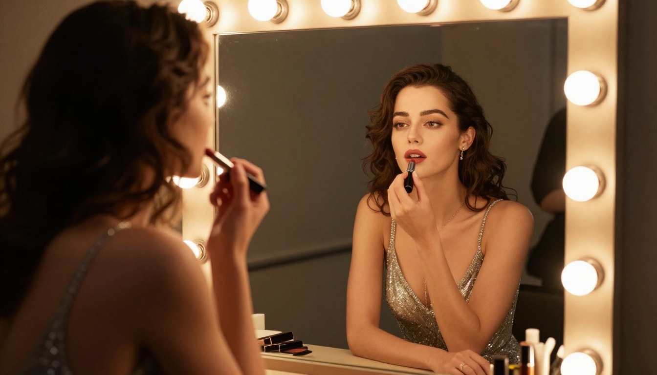Woman at Hollywood vanity mirror in silver evening gown