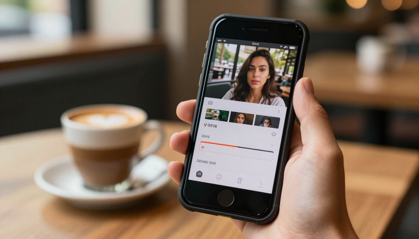 Hand holding phone showing vertical AI video generation