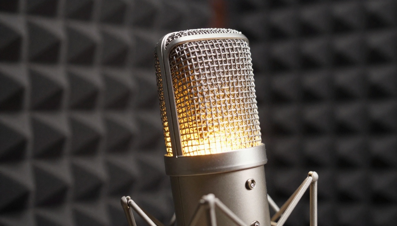 Professional studio condenser microphone close-up with warm backlight