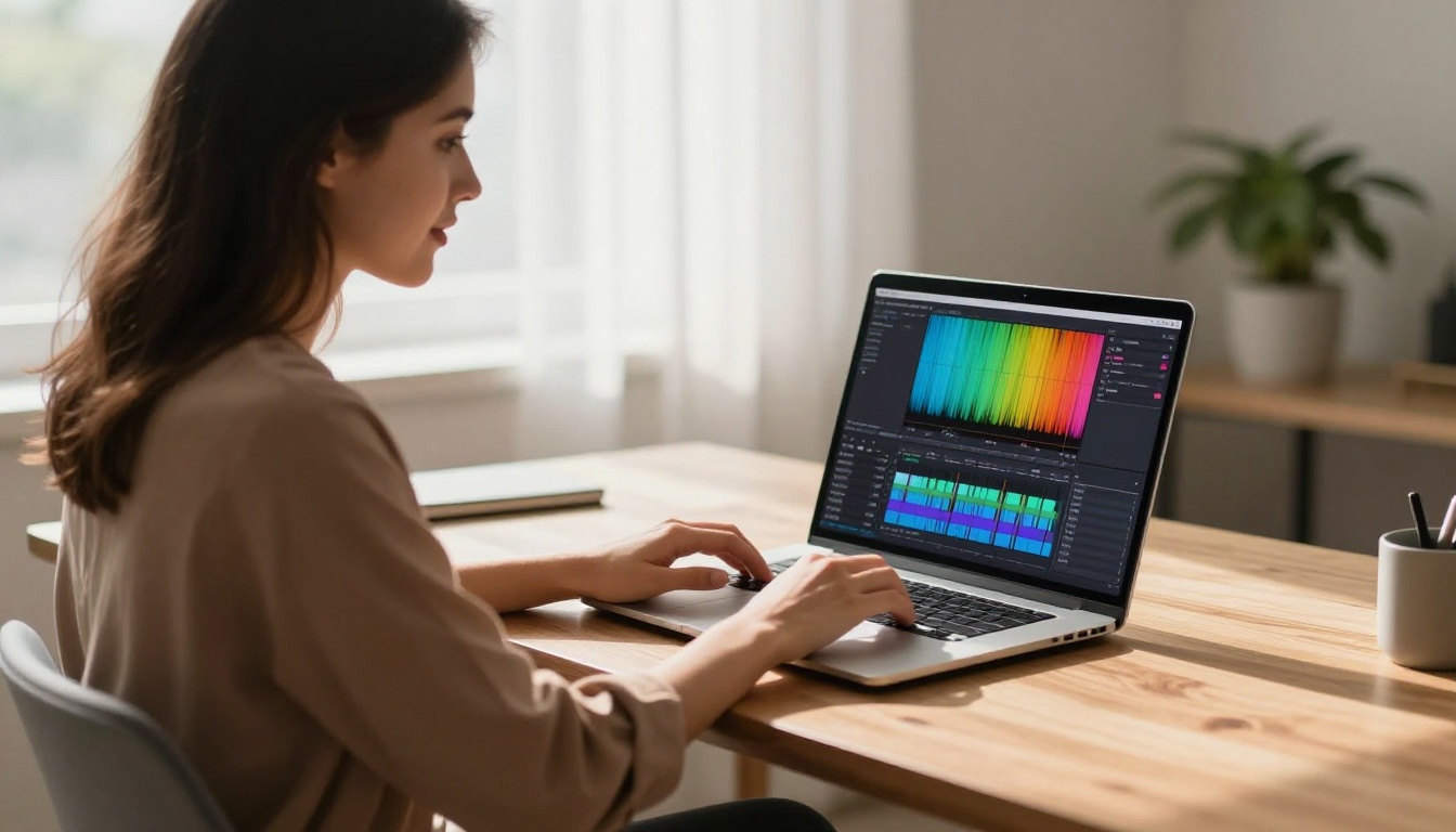 Content creator reviewing AI-generated video output on laptop