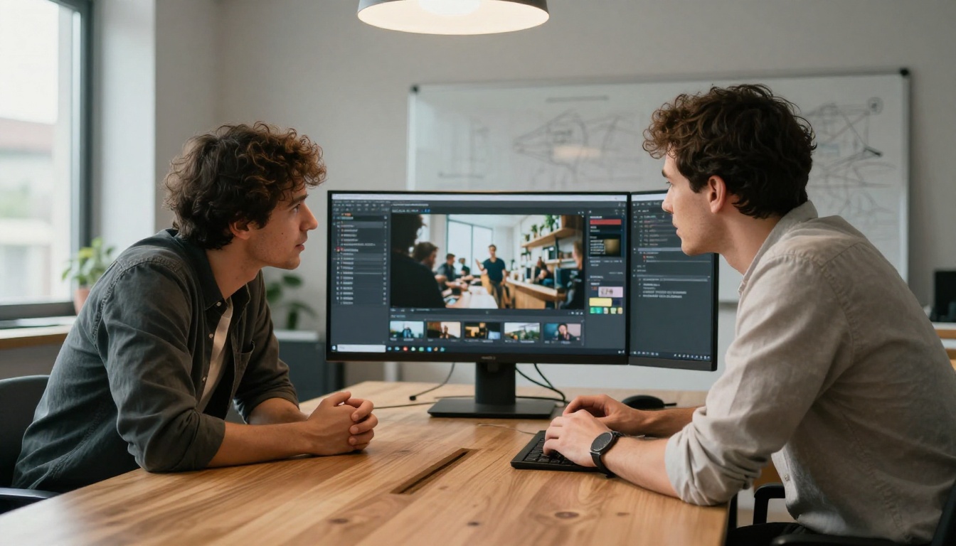 Two professionals reviewing AI video test results together