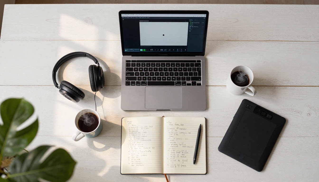 Creator workspace flat lay with AI video tools and headphones