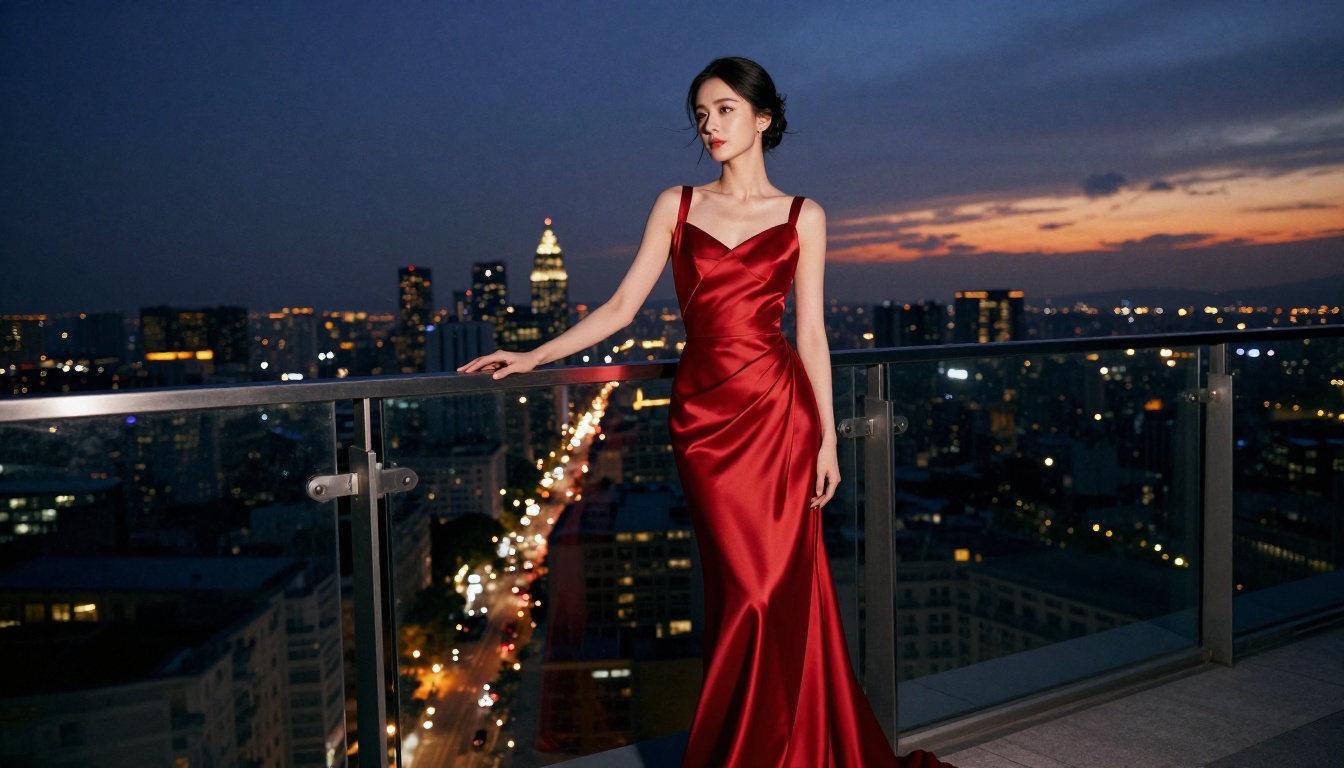 Glamorous woman in red satin evening gown on rooftop overlooking sparkling city at night