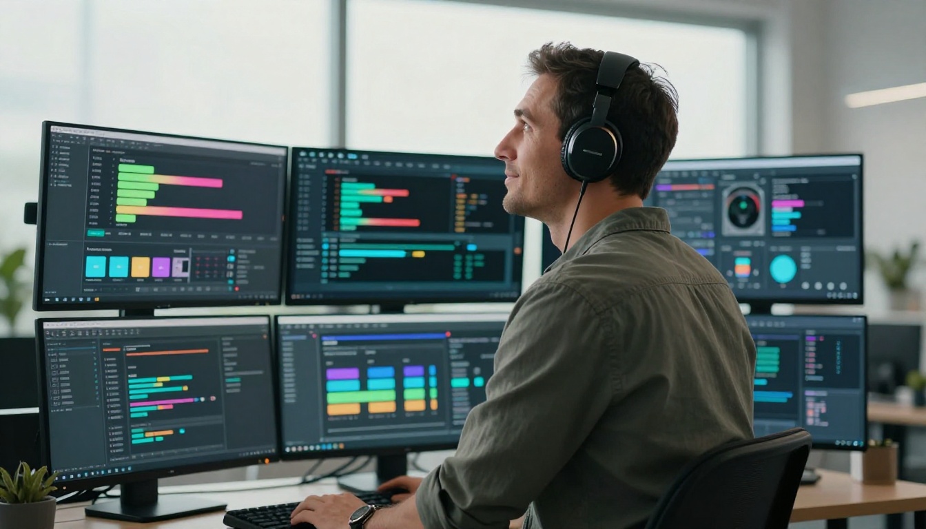 Man standing in front of AI video generation interface with multiple monitors