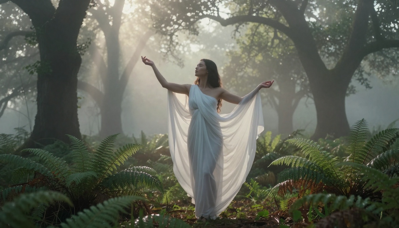 Artistic fine art photograph of woman in sheer flowing fabric in misty forest at dawn