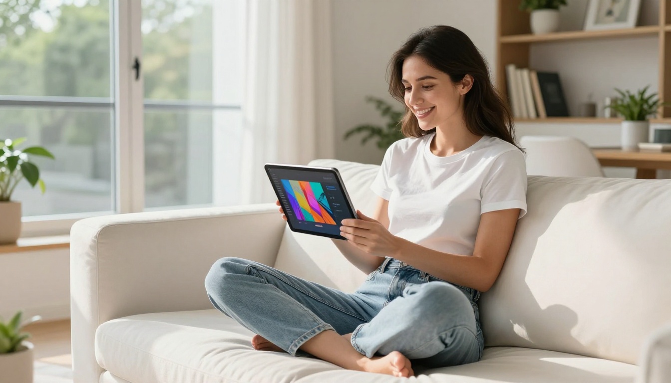 Creator using AI generation platform on tablet in modern apartment