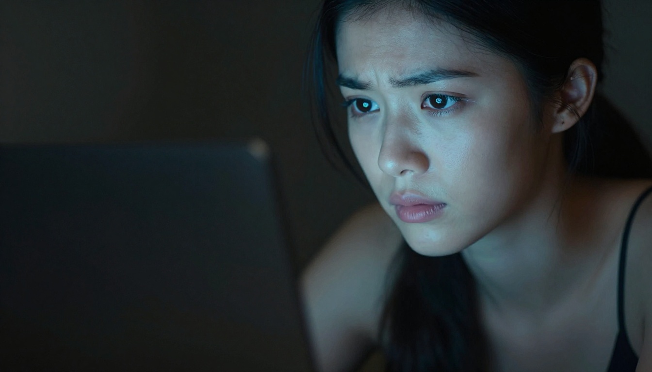 Woman staring at glowing laptop screen, illuminated by blue light in a dark room