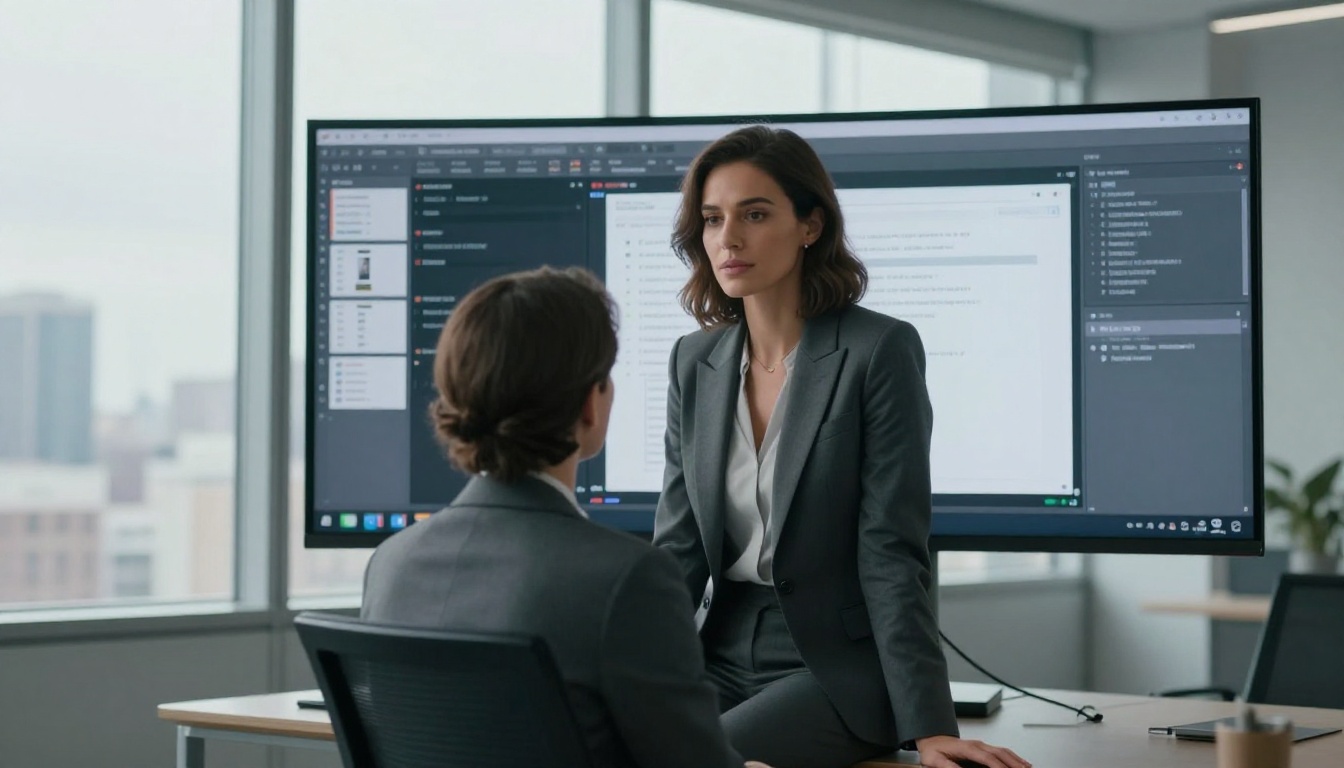 Confident woman in charcoal blazer studying AI video generation interface at city-view office window