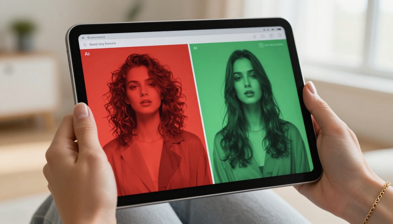 Tablet showing split-view AI content moderation interface, manicured hand holding device in soft window light