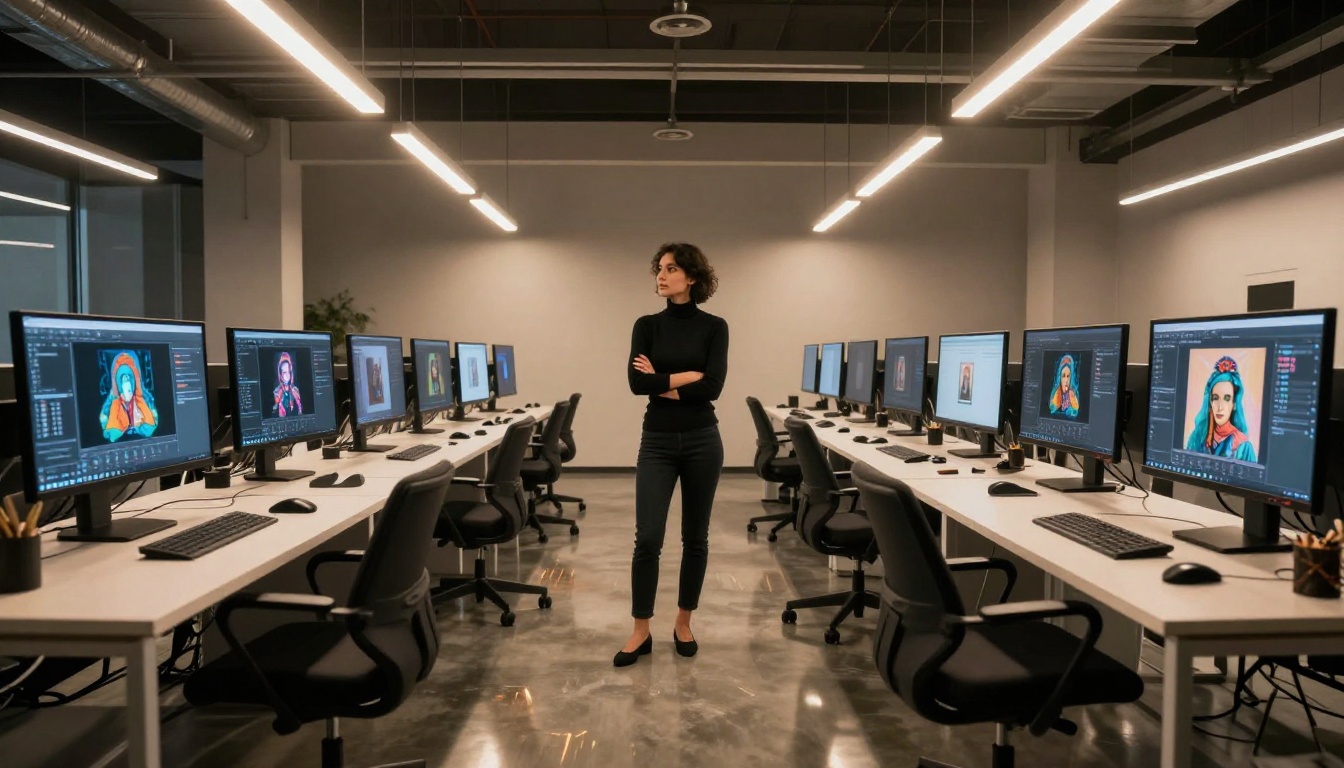 Modern creative studio wide shot with AI generation workstations, woman in black turtleneck evaluating outputs
