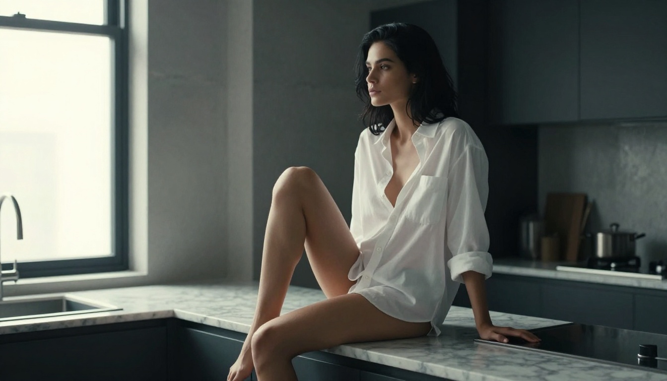 Fashion editorial photograph of woman in white Oxford shirt on marble countertop, dramatic morning light from left
