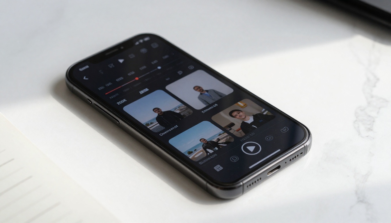 AI video generation interface on smartphone resting on marble desk