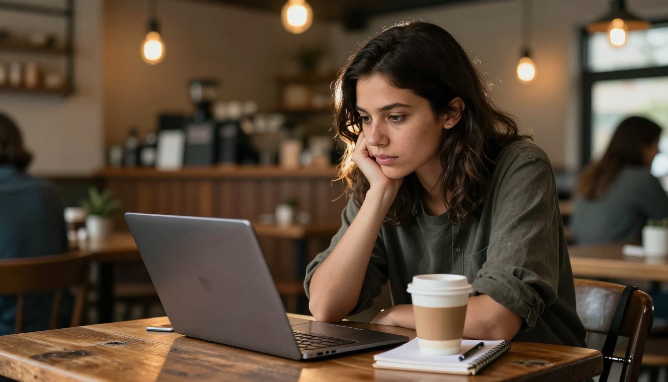Woman filmmaker analyzing AI video footage on laptop in café natural light