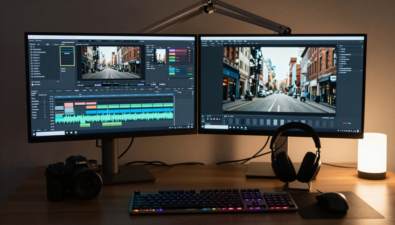 Professional video editing workstation with dual monitors and timeline software