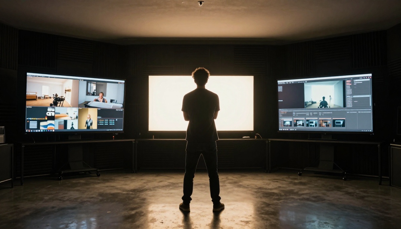 Man standing in darkened studio reviewing multiple video outputs on large displays