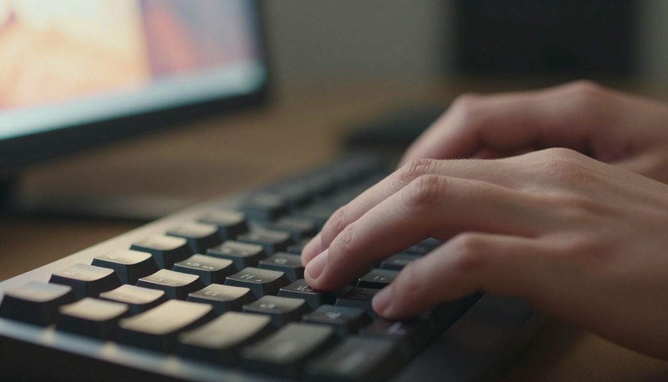 Close-up of hands typing an AI video prompt on mechanical keyboard