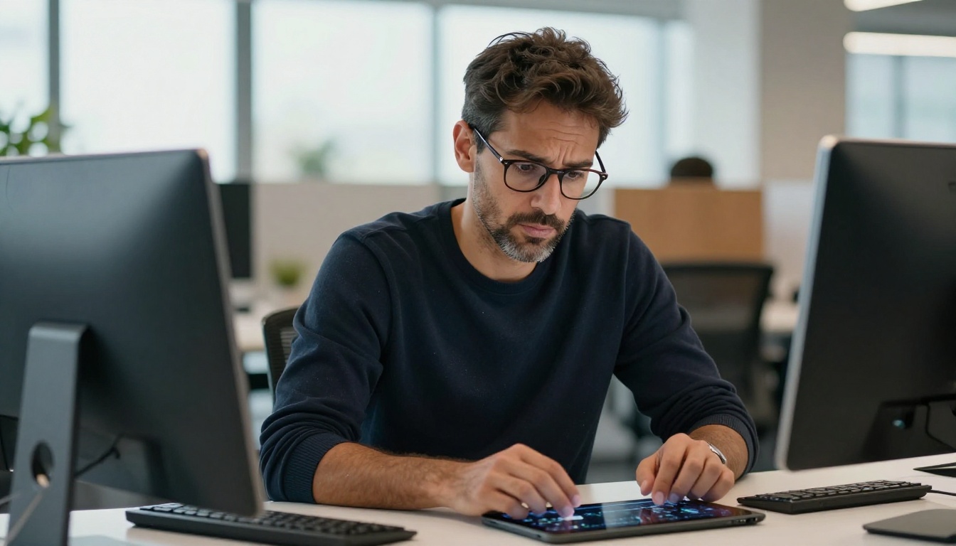 Creative director with skeptical expression reviewing AI content on a tablet at desk