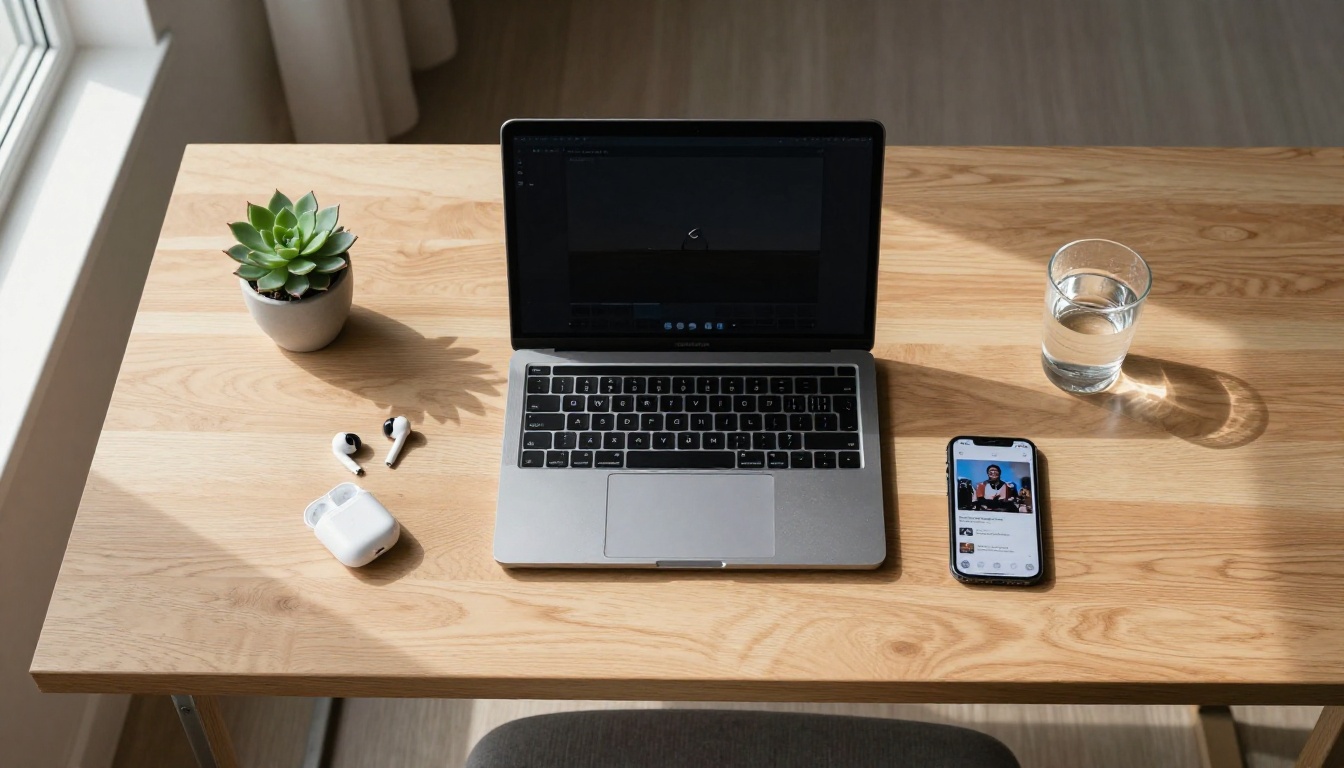 Overhead flat-lay of minimalist desk with laptop, phone, and creative tools