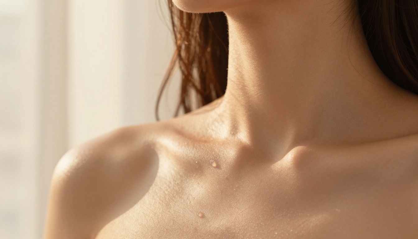 Close-up of woman's bare shoulder and neck, golden hour light, macro lens detail Close-up of woman's bare shoulder and neck, golden hour light, macro lens detail
