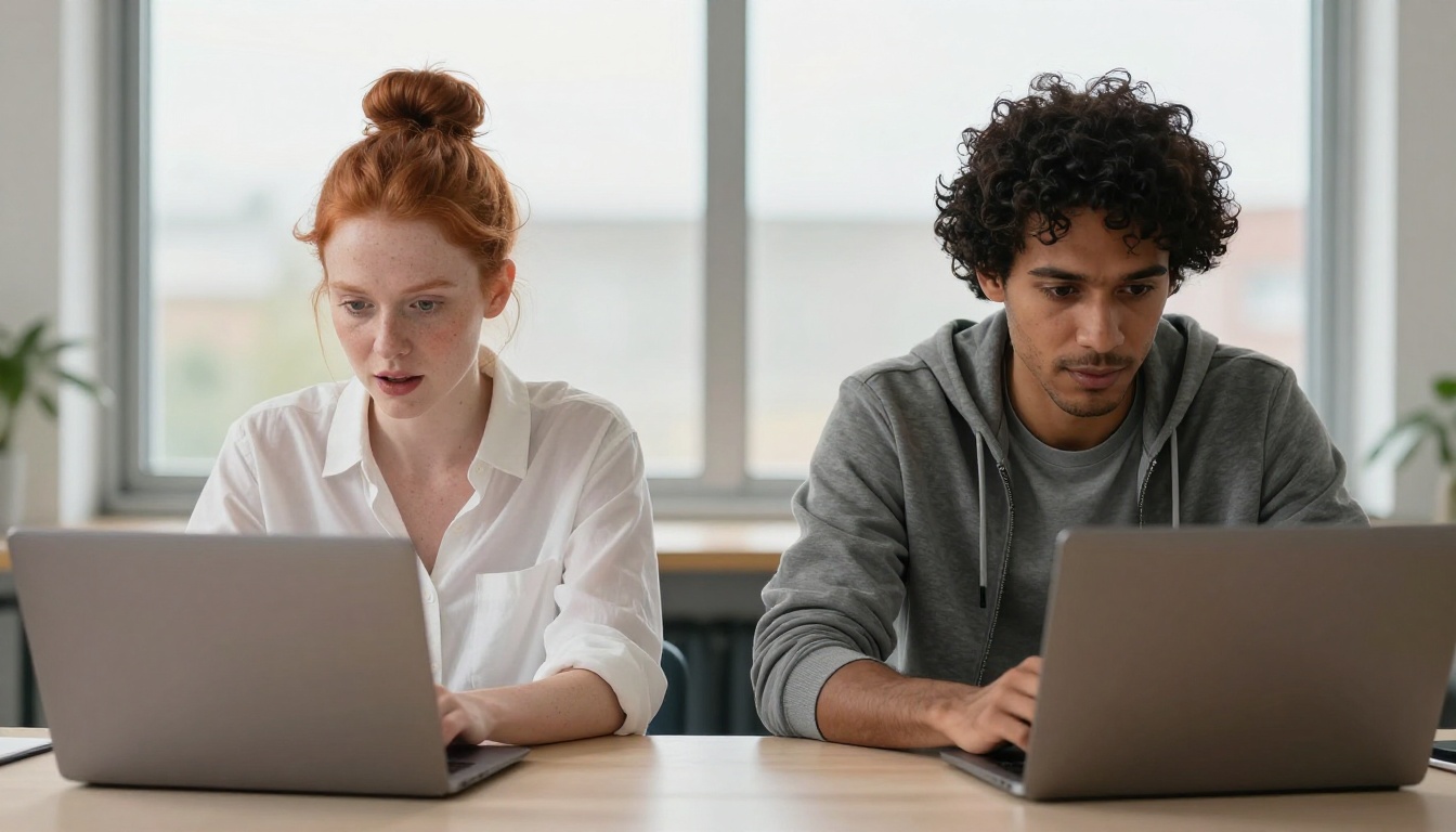 Two creative professionals collaborating over AI video output at shared desk