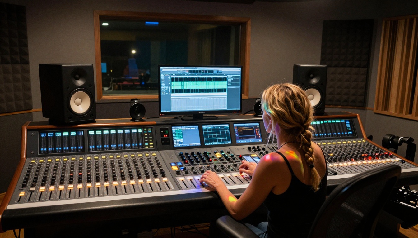 Woman at professional mixing console, warm LED light, aerial view Woman at professional mixing console, warm LED light, aerial view
