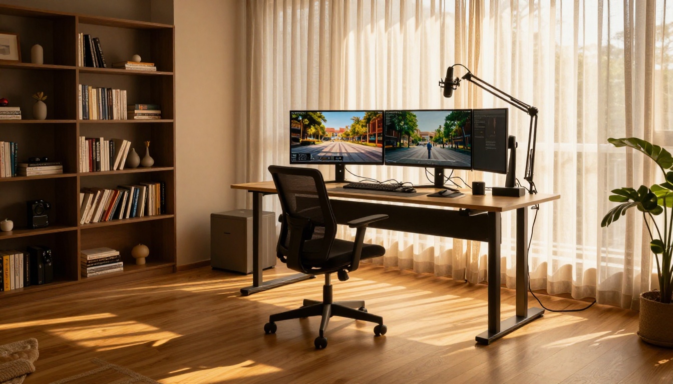 Modern home studio at golden hour with monitor showing cinematic video