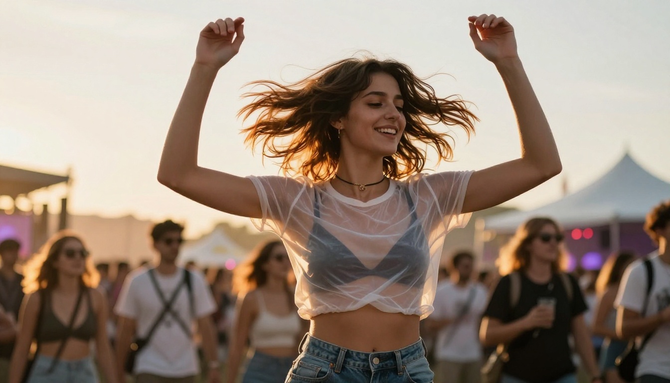 Woman in sheer crop top dancing at outdoor music festival, warm backlight Woman in sheer crop top dancing at outdoor music festival, warm backlight