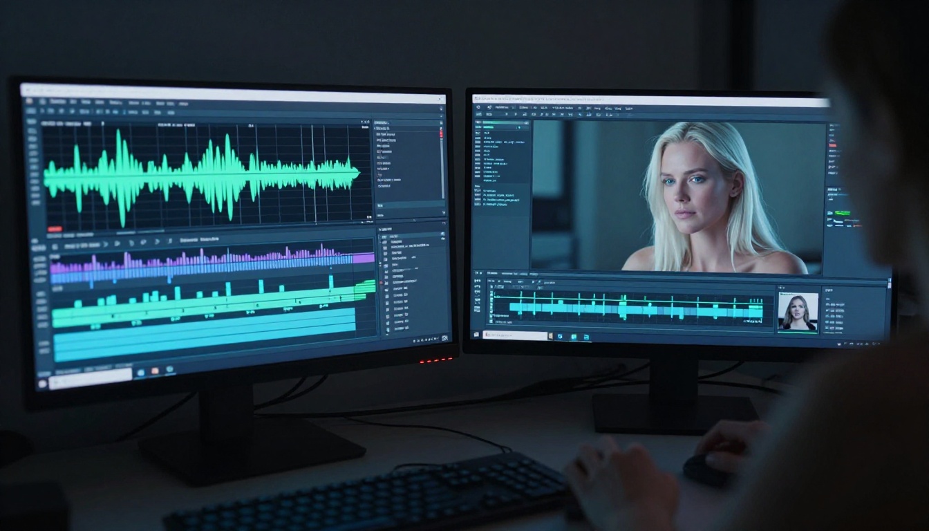 Dual monitors displaying AI video generation interface with audio waveforms in dark office Dual monitors displaying AI video generation interface with audio waveforms in dark office