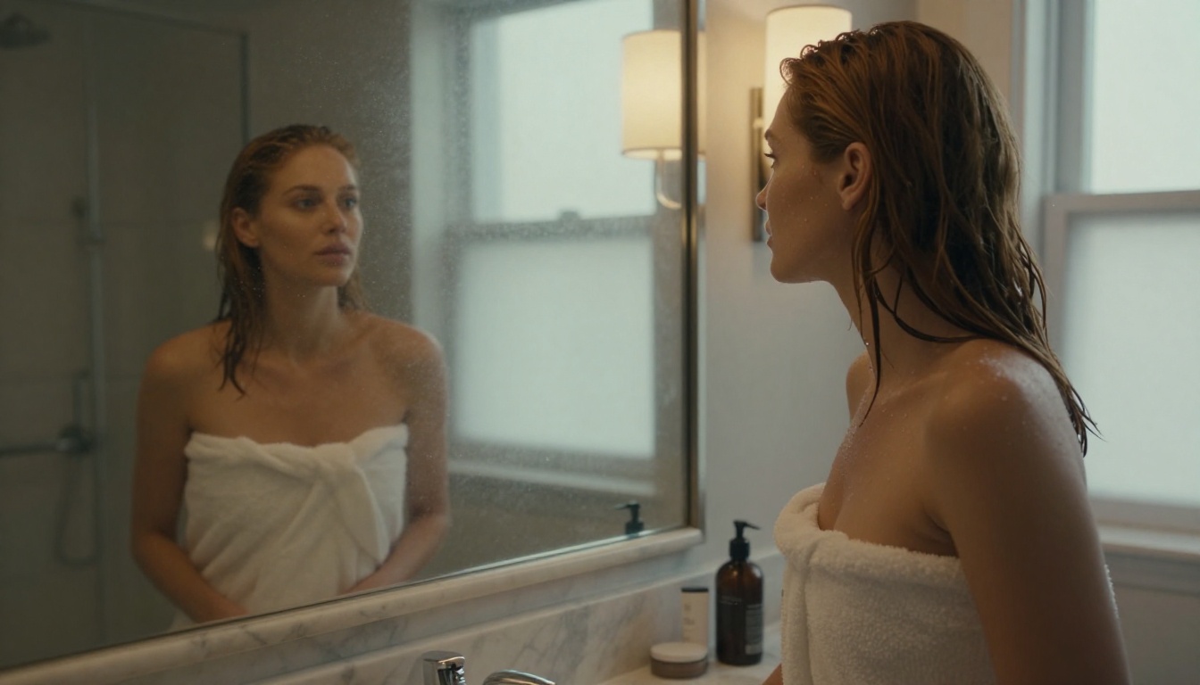 Woman in white hotel towel before fogged bathroom mirror, warm dawn light Woman in white hotel towel before fogged bathroom mirror, warm dawn light