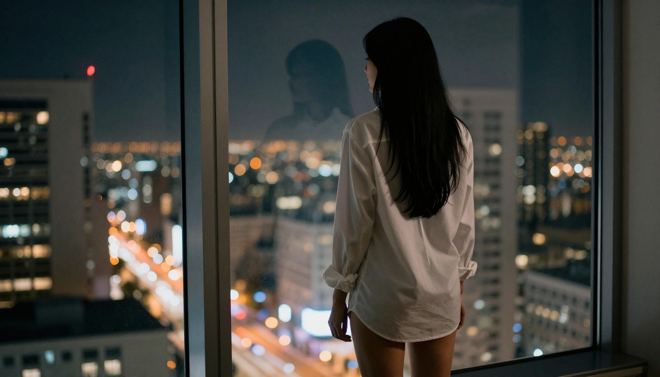 Woman in open white shirt silhouetted against city lights at floor-to-ceiling night window Woman in open white shirt silhouetted against city lights at floor-to-ceiling night window