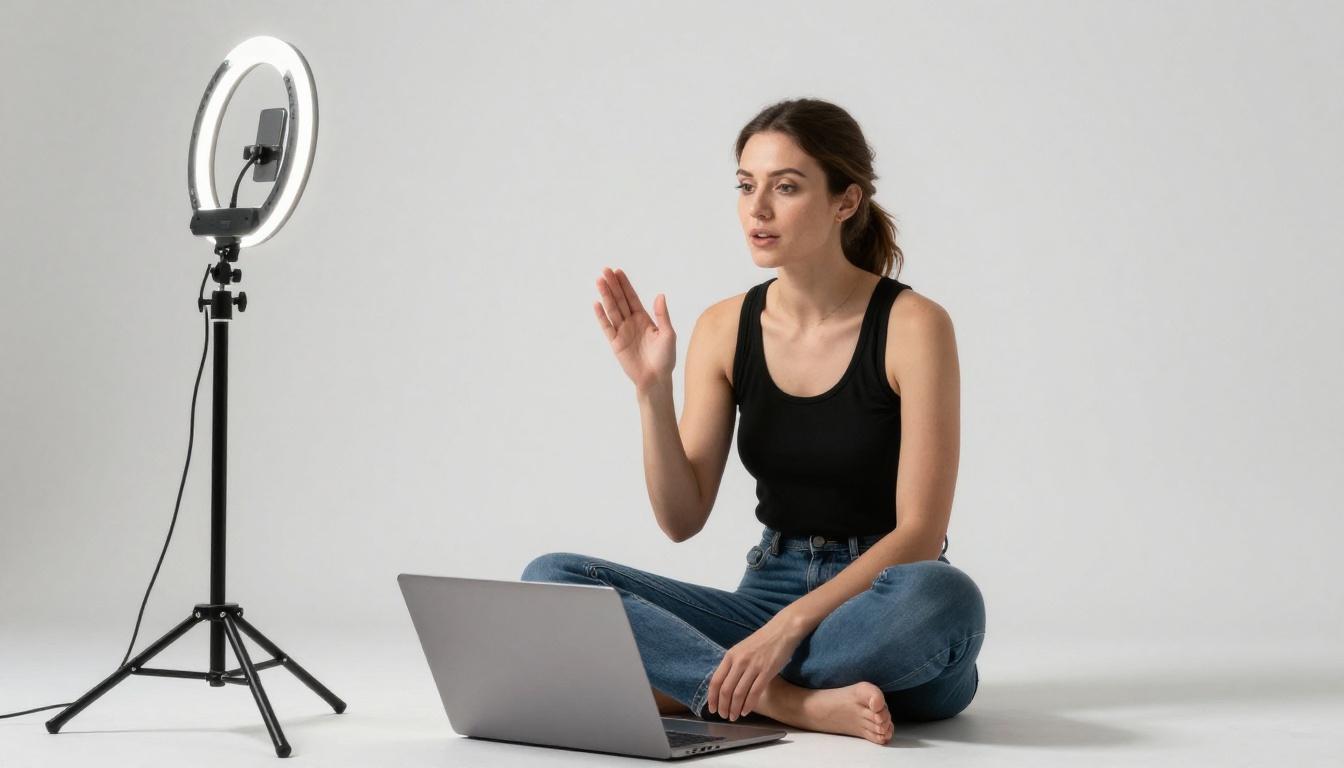 Female content creator working on laptop in professional studio setting Female content creator working on laptop in professional studio setting