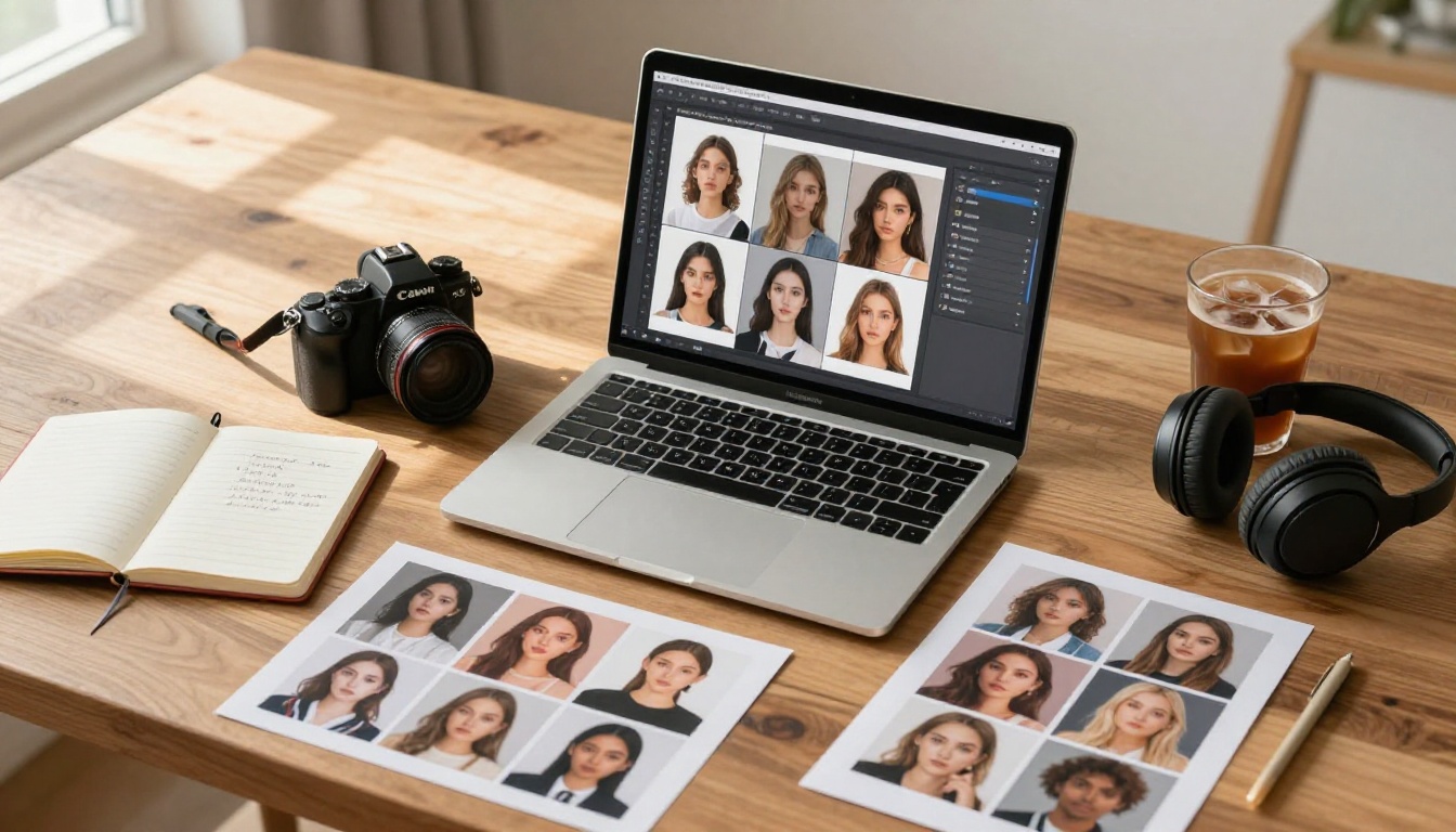 Overhead flat-lay creative workspace with AI generation tools and reference prints Overhead flat-lay creative workspace with AI generation tools and reference prints
