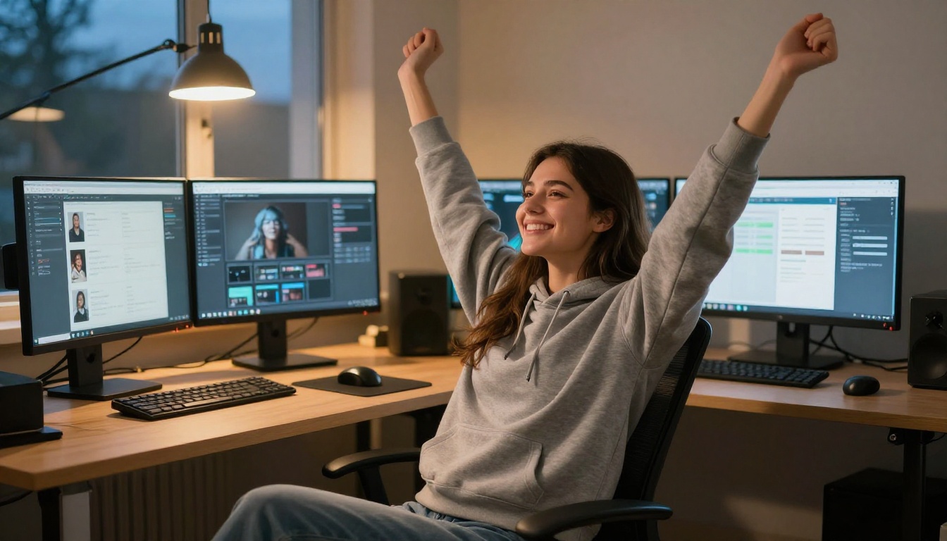 Content creator celebrating successful AI-generated output at her desk at dusk Content creator celebrating successful AI-generated output at her desk at dusk