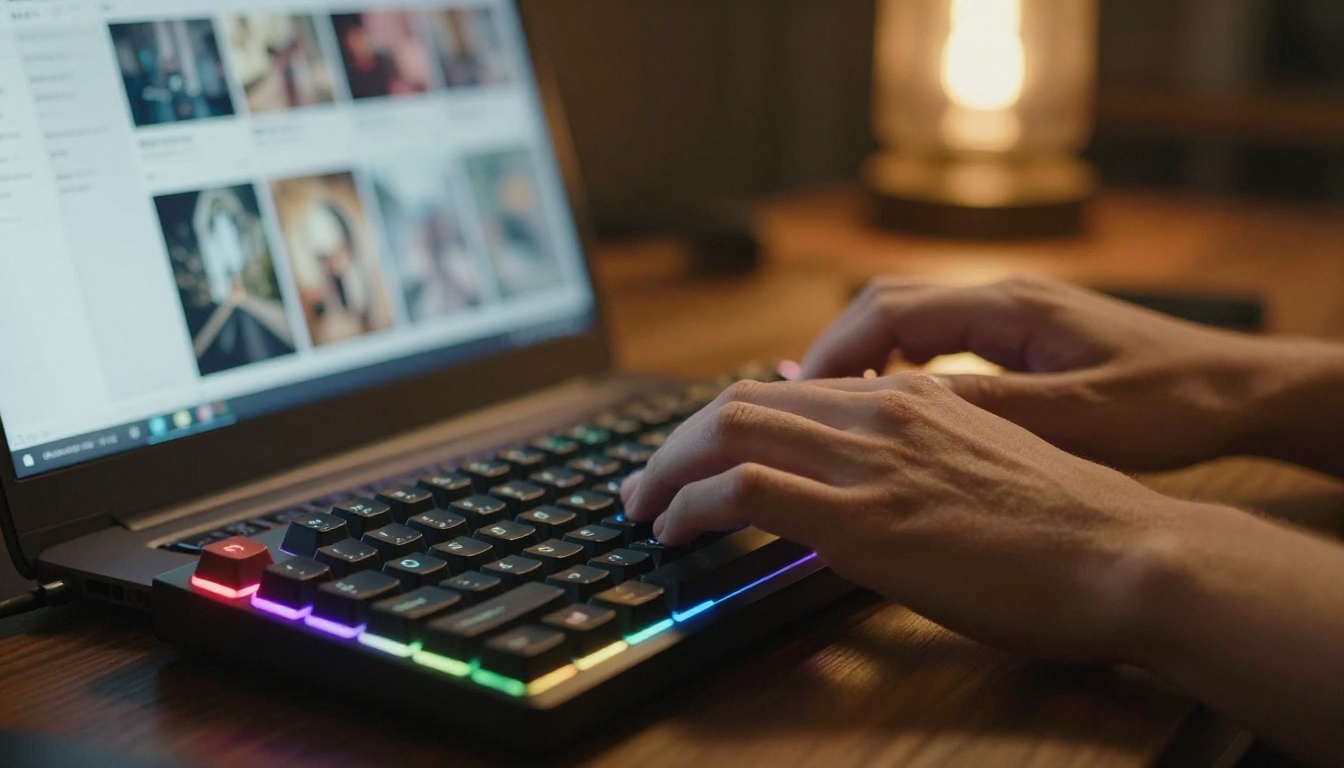 Hands typing on keyboard with AI image platform on screen Hands typing on keyboard with AI image platform on screen