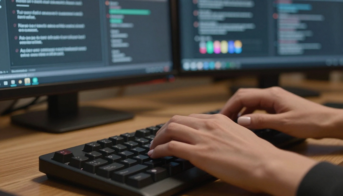 AI creator typing prompts on keyboard with video platform screens in background