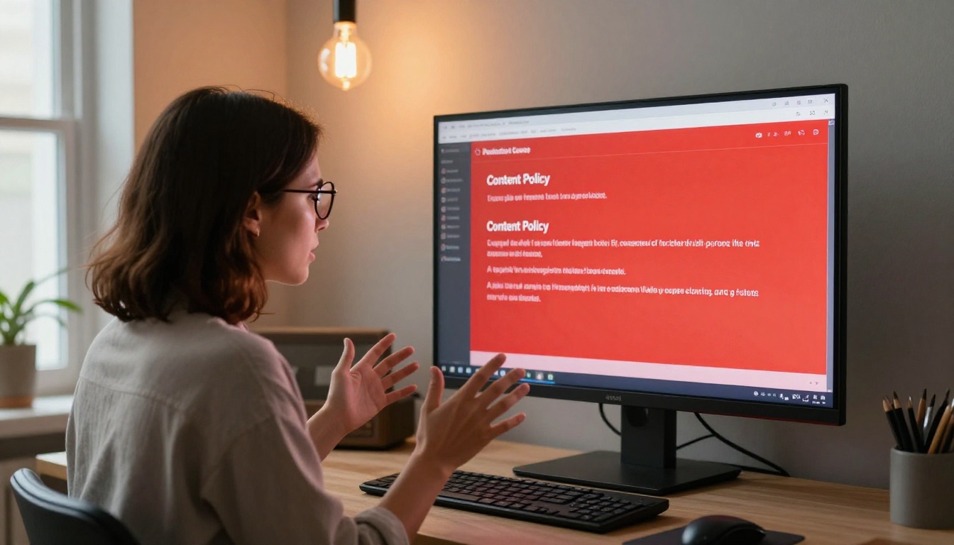 Creator frustrated by AI content policy block error on monitor