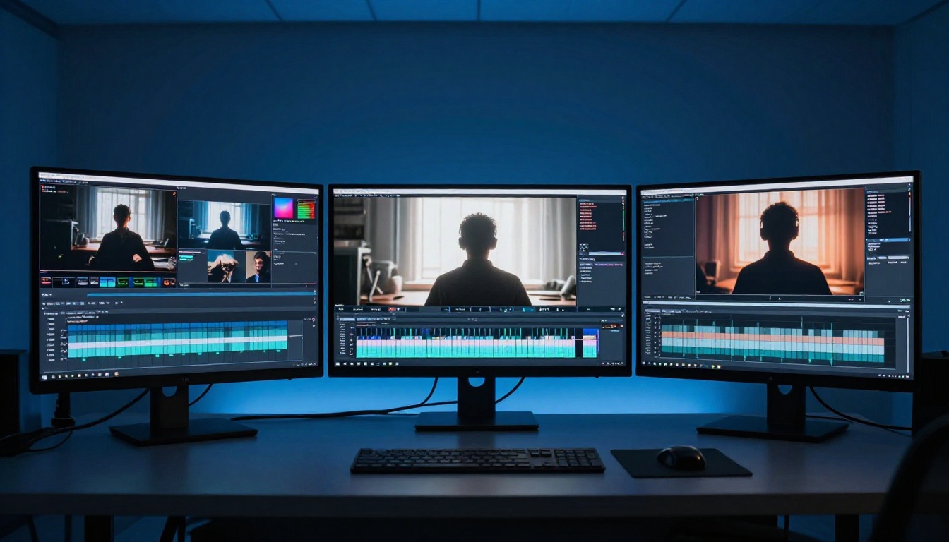 Multiple screens showing AI video model comparisons in dark editing suite